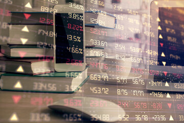 Double exposure of financial graph drawing and cell phone background. Concept of forex trading