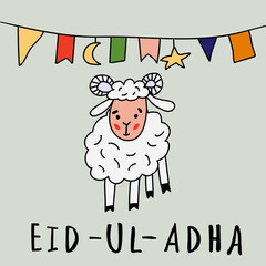 Eid ul adha greeting card with sheep, moon, star and flags, muslim community festival of sacrifice. Vector illustration in style doodle. Islamic holiday.