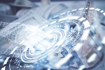 Double exposure of data theme drawing over us dollars bill background. Technology concept.