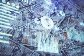 Double exposure of data theme drawing over us dollars bill background. Technology concept.