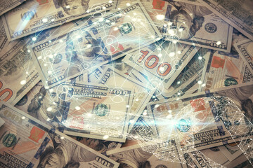 Multi exposure of social network drawing over us dollars bill background. Concept of people connection.