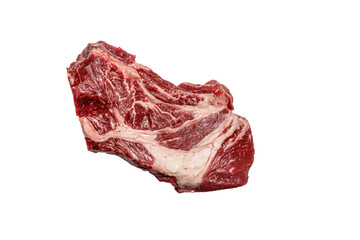 Raw Chuck Rol steak of marbled beef lies on a white background, isolated.