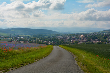 Fototapeta na wymiar Country road between field and meadow with a view of a village in the Rhön