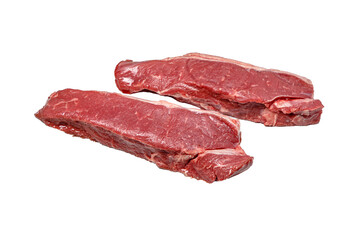 Raw Striploin steak of marbled beef lies on a white background, isolated.