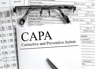 Paper with text CAPA Corrective And Preventive Action on a table