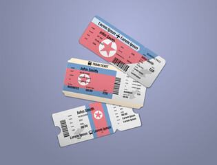 Modern design of North Korea airline, bus and train travel boarding pass. Three tickets of North Korea painted in flag color. Vector illustration isolated