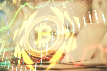 Double exposure of woman hands typing on computer and crypto market theme hologram drawing....
