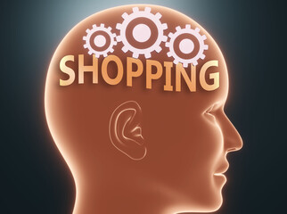 Shopping inside human mind - pictured as word Shopping inside a head with cogwheels to symbolize that Shopping is what people may think about and that it affects their behavior, 3d illustration