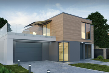 Modern house with garage, 3D illustration 