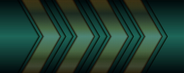 Luxury dark green overlap background with realistic gold line and hexagon on shiny golden