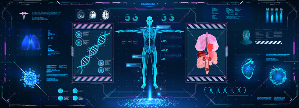 Futuristic healthcare examination HUD style. Complete body scan, DNA, anatomy, organs, skeleton, and biological analysis. Modern tamograph, mri, demographics, body human. Modern medical sci diagnostic