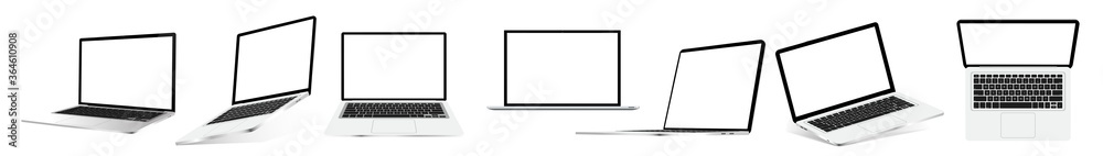 Poster Great collection laptop from different angles and position. Notebook with blank screen. Mockup generic 3D Realistic devices. Side, top view and isometric. Set laptop for presentation product. Vector