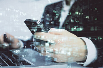 Multi exposure of man's hand holding and using a digital device and data theme drawing. Innovation...