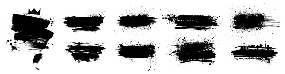 Liquid paintbrush set. Isolated black ink stains and brush marks with dirty stains. Grunge silhouette brushstroke with drops blots. Set Vector brush paint. Boxes with spray graffiti and frame for text - obrazy, fototapety, plakaty