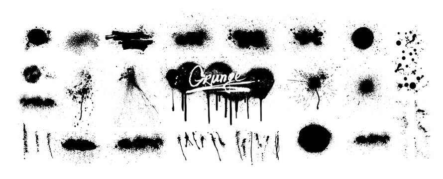 Graffiti spray and dirty grunge splash collection. Isolated set with great detail. Spray paint shapes with smudges and drops. Graffiti template mockups. Vector