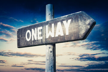 One way - wooden signpost, roadsign with one arrow