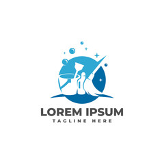 Cleaning Service with Mop Sparkling Logo Vector Icon Illustration