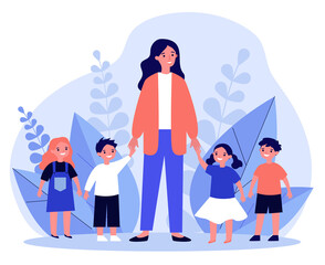 Kindergarten teacher walking with kids. Positive young woman leading happy kids by hands outdoors. illustration for pedagogy, preschool, primary school, education concept