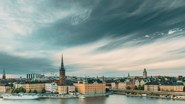 Stockholm, Sweden. Scenic Famous View Of Embankment In Old Town Of Stockholm At Summer. Gamla Stan In Summer Evening. Famous Popular Destination Scenic Place And UNESCO World Heritage Site