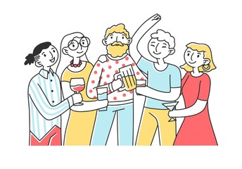 Friends drinking alcohol at party flat illustration. Happy teenager characters smiling, clinking of glasses and rousing cheers together. Celebrating and friendship concept