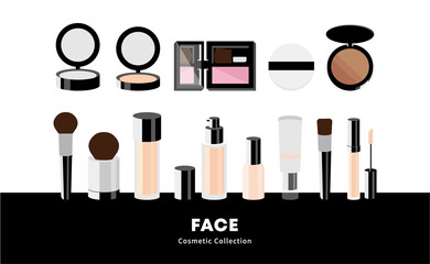 Face makeup set. Compact, Loose powder, Black plastic case, Foundation bottle, Concealer tube, Big make up brush, Puff, Blusher. Trendy beauty. Modern style, Simple flat isolated vector illustration.