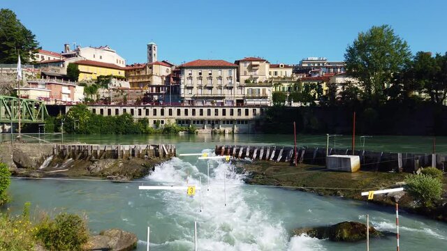 Dora Baltea river passes through the city of Ivrea, Turin, Piedmont, Italy