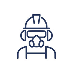 Worker in respirator thin line icon. Mask, helmet, man isolated outline sign. Work safety and protection concept. Vector illustration symbol element for web design and apps