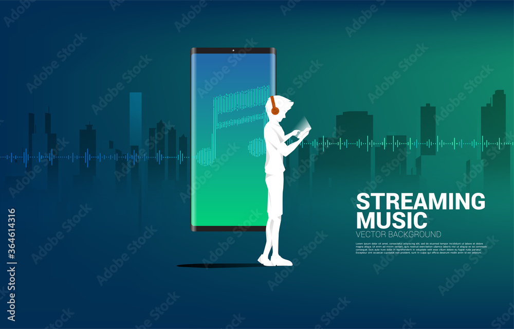 Poster silhouette of man with headphone and sound wave music equalizer background. audio visual headphone i