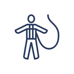 Fall protection harness thin line icon. Constriction, worker, wearing isolated outline sign. Work safety and protection concept. Vector illustration symbol element for web design and apps