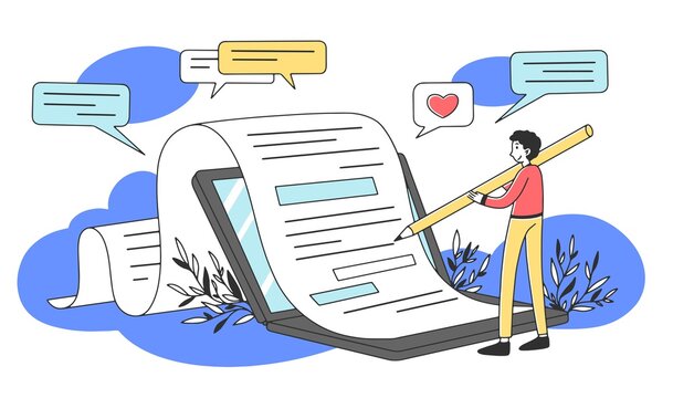 Content author writing creative article flat illustration. Writer typing text for internet blog via laptop. SEO, marketing and online business concept