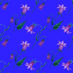 Naklejka na ściany i meble Seamless pattern with garden flowers: tulips, peony, rose, lily, bluebell. Decorative floral pattern. Colorful nature background. Can be used for wedding invitations or any kind of a design. 