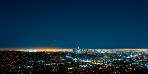 Naklejka premium Aerial view of Downtown Los Angeles at night