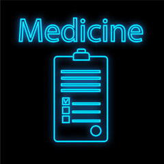 Bright luminous blue medical digital neon sign for a pharmacy or hospital store beautiful shiny with medical history documents and the inscription medicine on a black background. Vector illustration