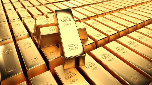 Gold bars stacked - Financial concept background. 3d illustration