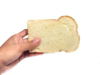 Hand holding white breads isolated on white background