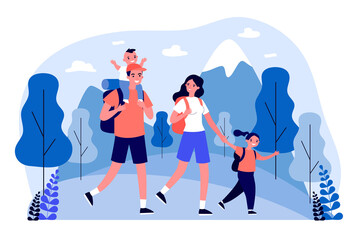 Active happy family travelling together in mountains flat illustration. Father, mother and children hiking and camping with backpack at nature. Trip and holiday concept.