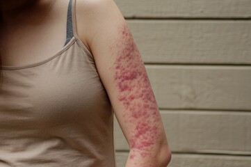 Woman's arm showing bruising from gua sha, a traditional Chinese massage technique to reduce soreness and tension. 