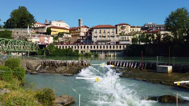 Dora Baltea river passes through the city of Ivrea, Turin, Piedmont, Italy