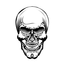 The Human skull. Stylish cartoon & tattoo. Monochrome image. In contrast black & white. Material for design, concept art. Halloween theme, danger and immortality.Vector Isolated image & illustration.