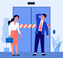 Obraz premium Sad man and woman standing in front of broken elevator. Employee, job, office flat vector illustration. Mechanism and repair concept for banner, website design or landing web page