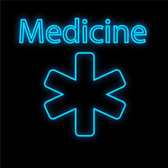 Bright luminous blue medical digital neon sign for a pharmacy or hospital store beautiful shiny with an ambulance sign and the inscription medicine on a black background. Vector illustration