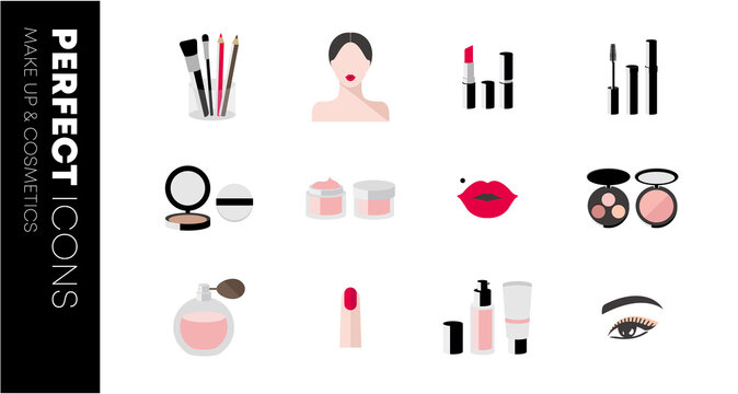 Beauty and makeup icons. Set of cosmetics. Makeup and cosmetics products and tools with lipstic makeup brushes eyeshadow mascara. Vector flat design. Infographics.