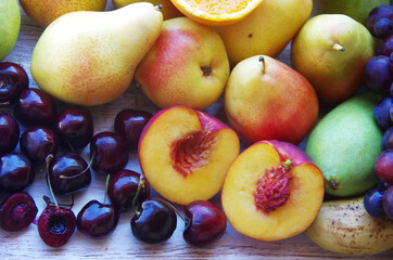 ripe fruits close-up on wooden table