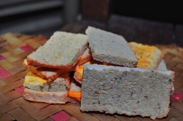 Close up of tempeh oncom. Traditional Indonesian food