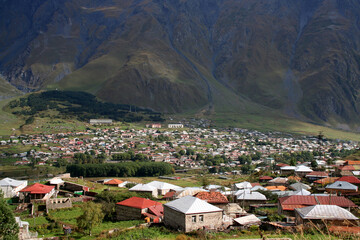 Fototapeta na wymiar Kazbegi-Gergeti Village in Caucasus, Georgia.
