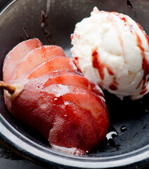 Poached Pear with vanilla ice cream Dessert. Classic American or French bakeries or pastry shop...