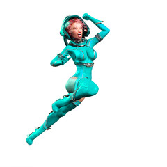 astronaut girl vintage jumping on white background