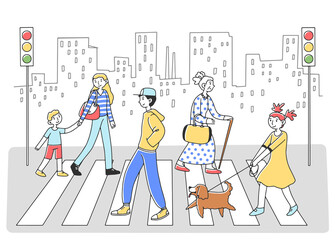 People walking through crosswalk to another side flat illustration. Pedestrians at road with cityscape at background. Human evolution theory lifestyle, traffic and city concept