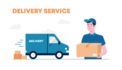 Delivery courier man holding package with delivery truck in background. The Courier Brought The Parcel By Truck. Delivery man and track. Flat design modern vector illustration concept. © DDDART
