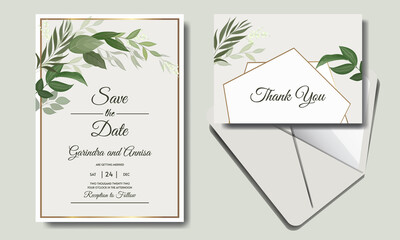 Elegant wedding invitation card with    leaves template Premium Vector